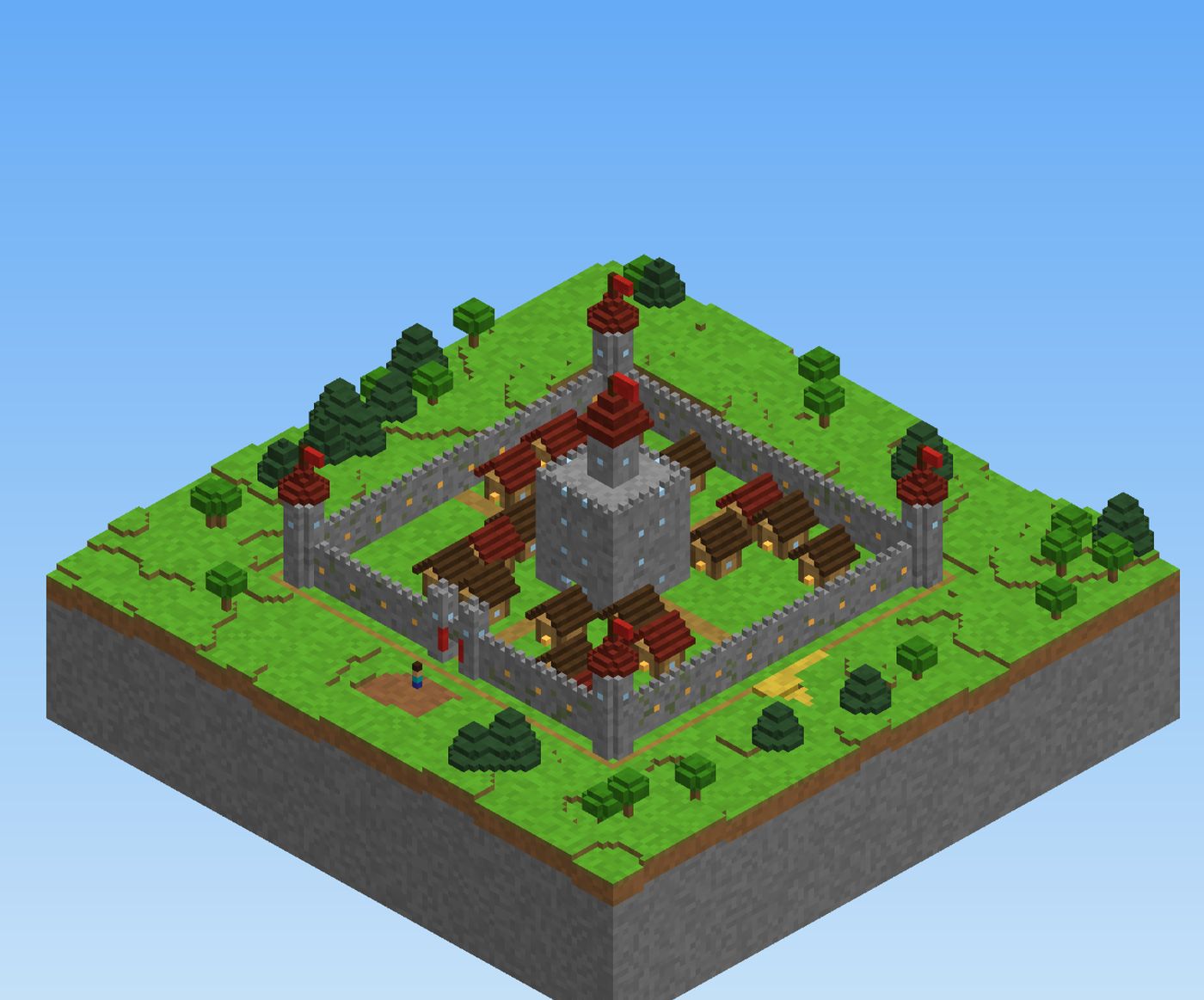 A walled Minecraft kingdom with towers, houses and a central keep
